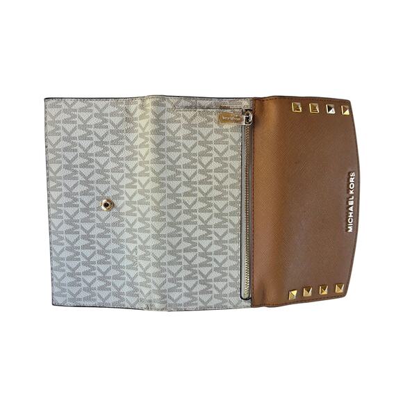 Michael Kors Studded Brown Signature Logo Wallet Gold Hardware Snap Closure - Picture 9 of 9